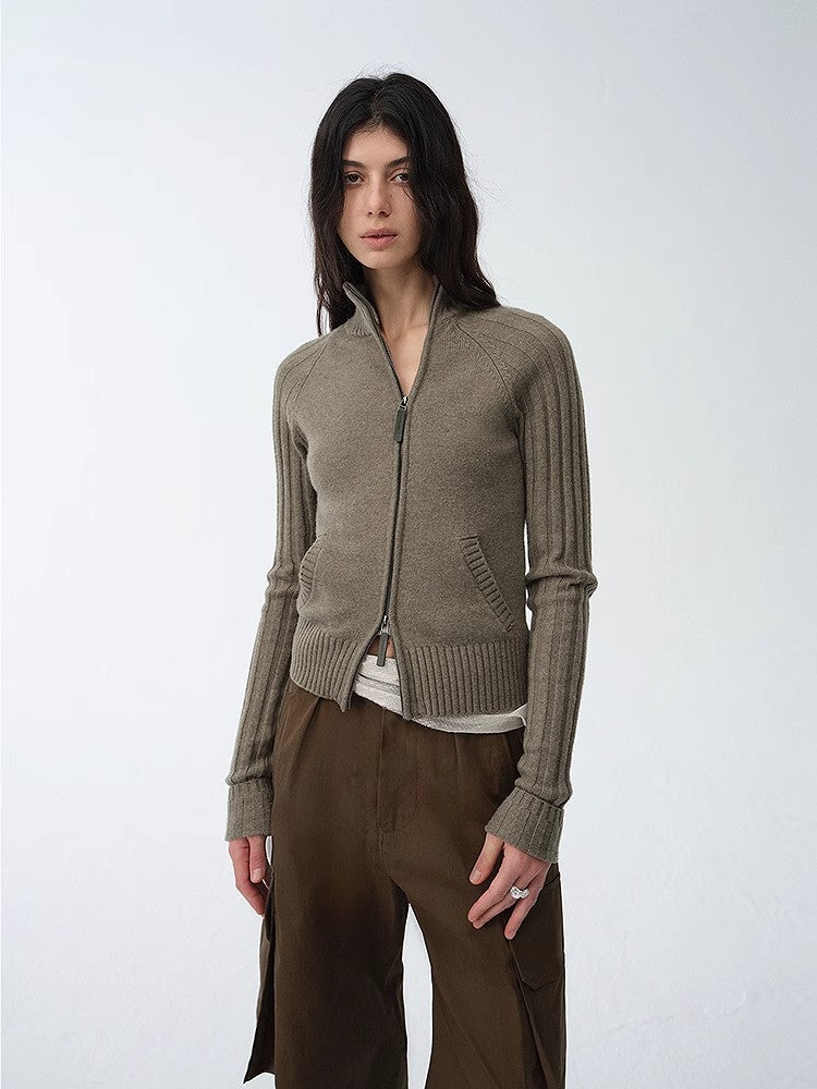 "Senna Melody" Fine Merino Wool and Cotton Blend Zipper Knitted Cardigan