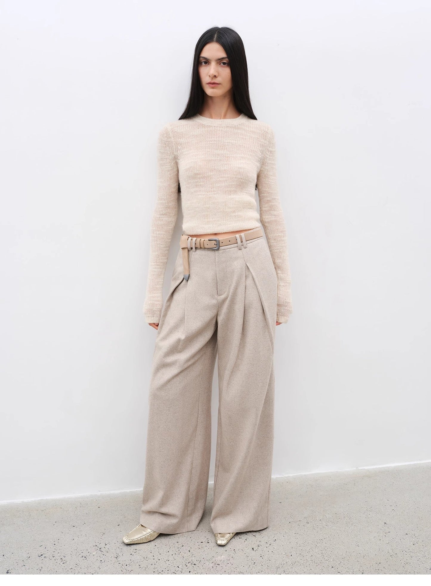"City Stroll" Wool-Blend Double-Pleated Draped Wide-Leg Trouser