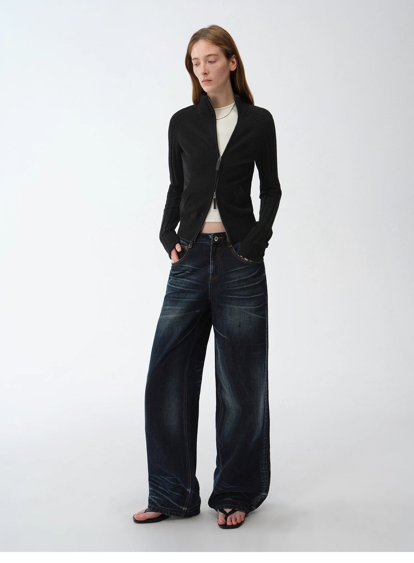 "Senna Melody" Fine Merino Wool and Cotton Blend Zipper Knitted Cardigan