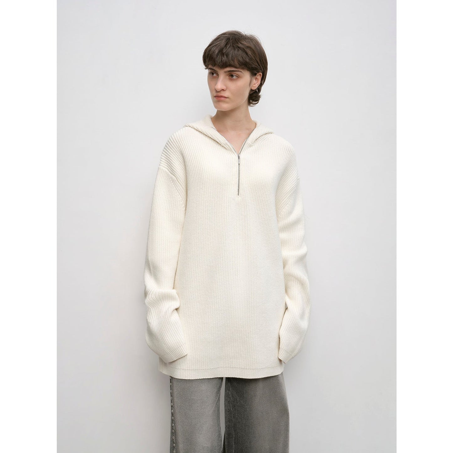 Wool Zipper Hoodie Oversized Sweater Boyfriend Fit