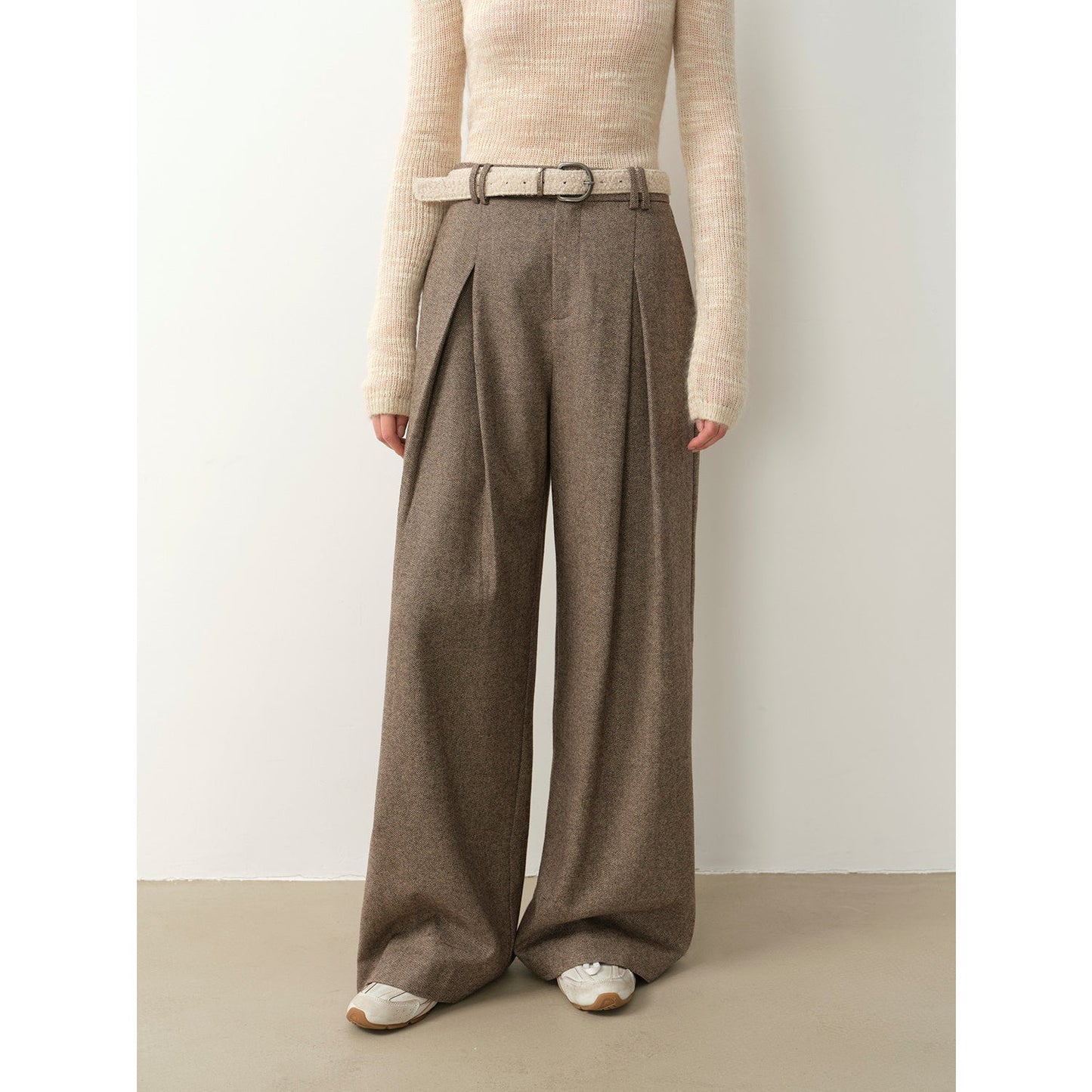 "City Stroll" Wool-Blend Double-Pleated Draped Wide-Leg Trouser