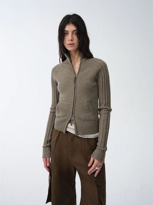 "Senna Melody" Fine Merino Wool and Cotton Blend Zipper Knitted Cardigan