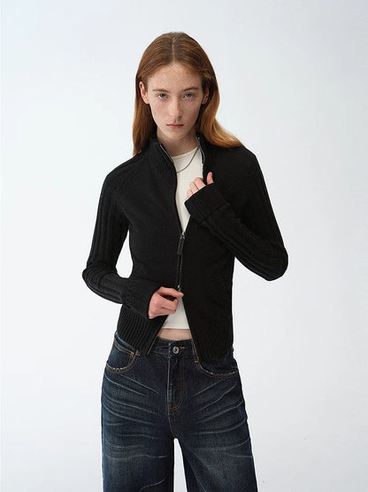 "Senna Melody" Fine Merino Wool and Cotton Blend Zipper Knitted Cardigan