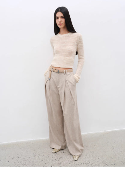 "City Stroll" Wool-Blend Double-Pleated Draped Wide-Leg Trouser