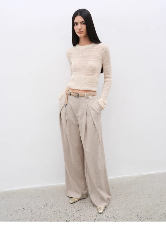 "City Stroll" Wool-Blend Double-Pleated Draped Wide-Leg Trouser