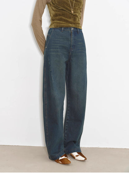 "Blue Island" Mid-Rise Curved Cotton Washed Jeans