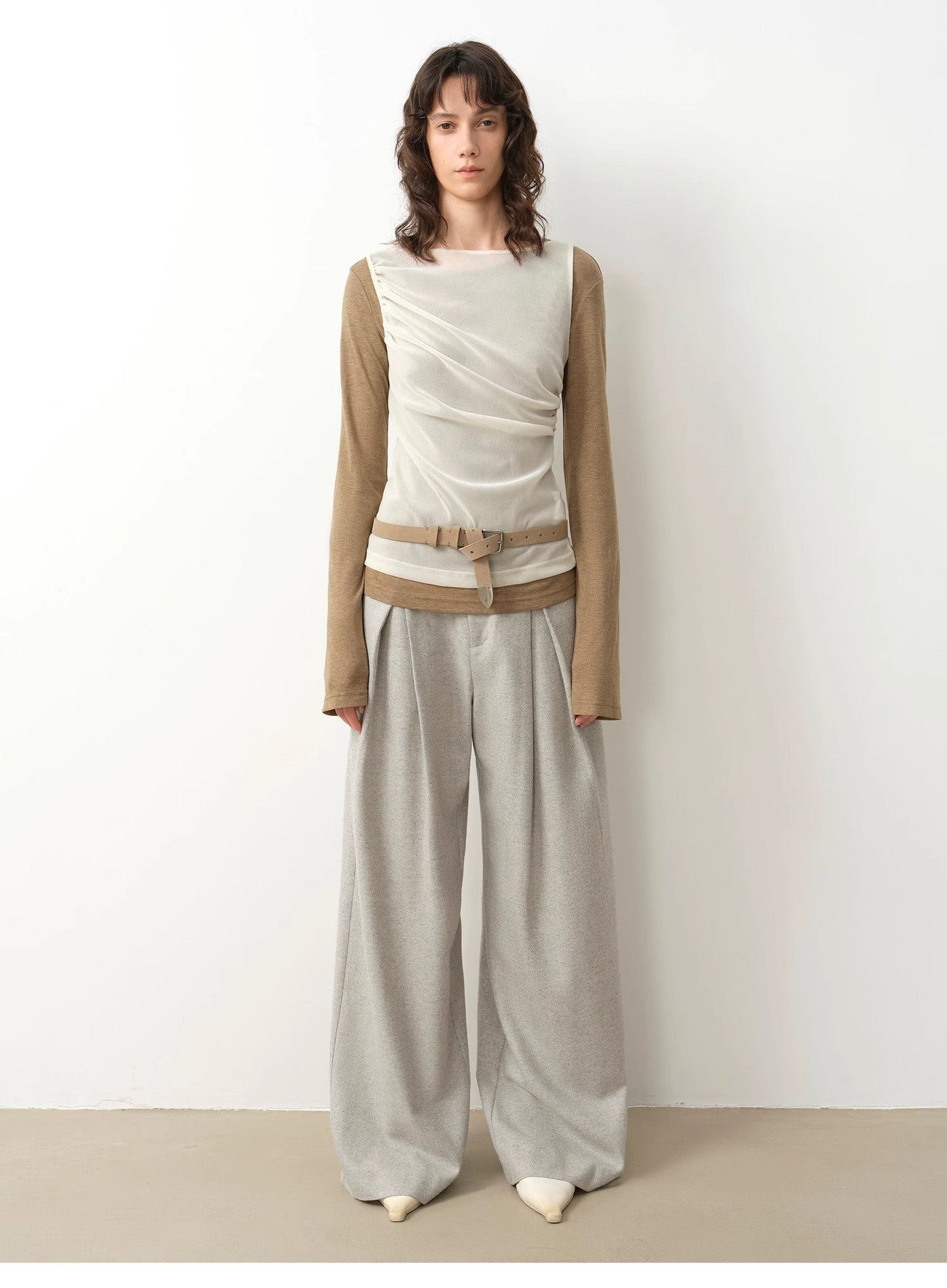"City Stroll" Wool-Blend Double-Pleated Draped Wide-Leg Trouser