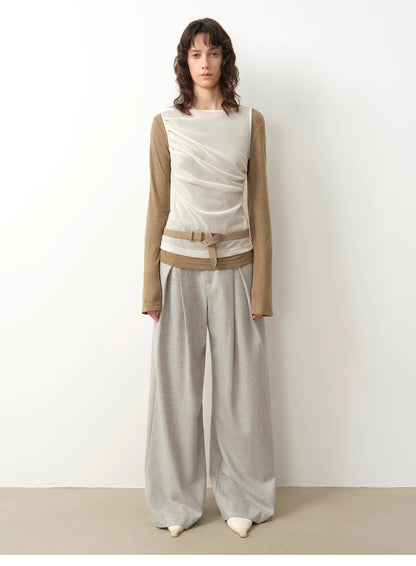 "City Stroll" Wool-Blend Double-Pleated Draped Wide-Leg Trouser
