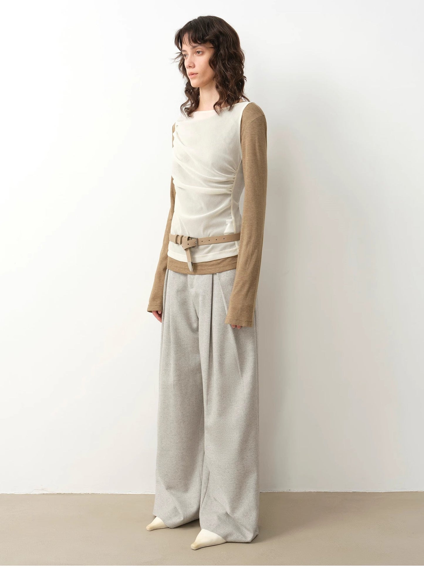 "City Stroll" Wool-Blend Double-Pleated Draped Wide-Leg Trouser