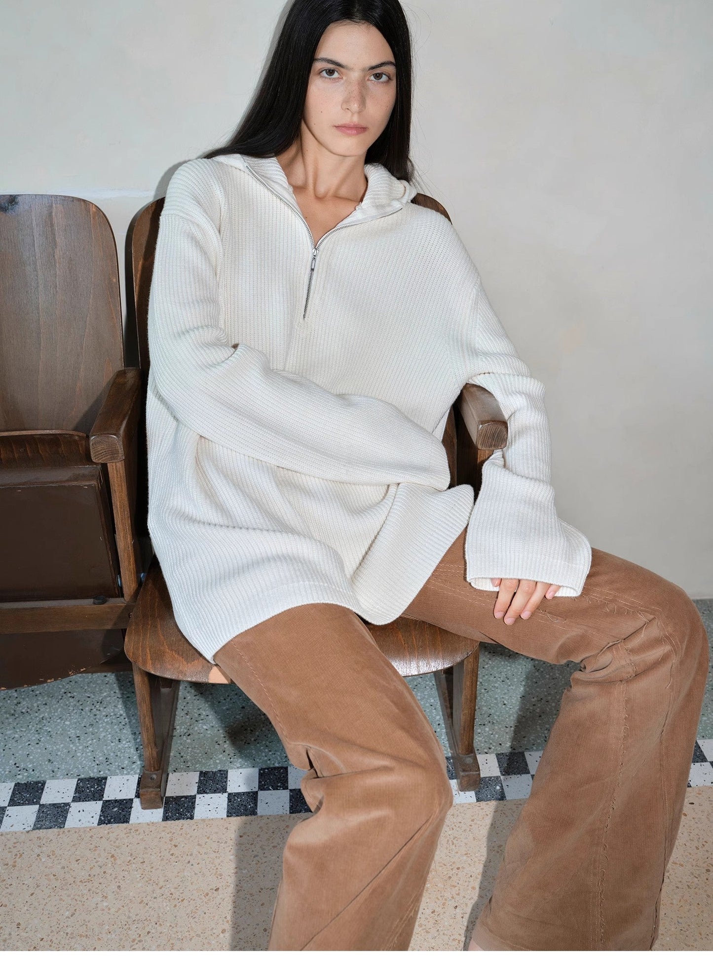 Wool Zipper Hoodie Oversized Sweater Boyfriend Fit