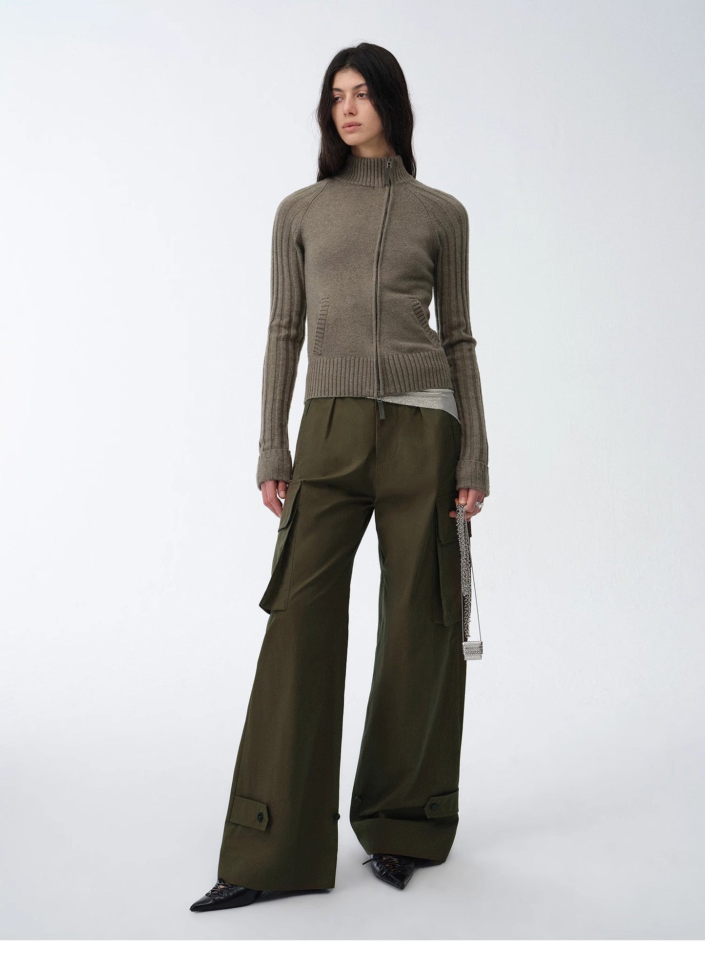 "Senna Melody" Fine Merino Wool and Cotton Blend Zipper Knitted Cardigan