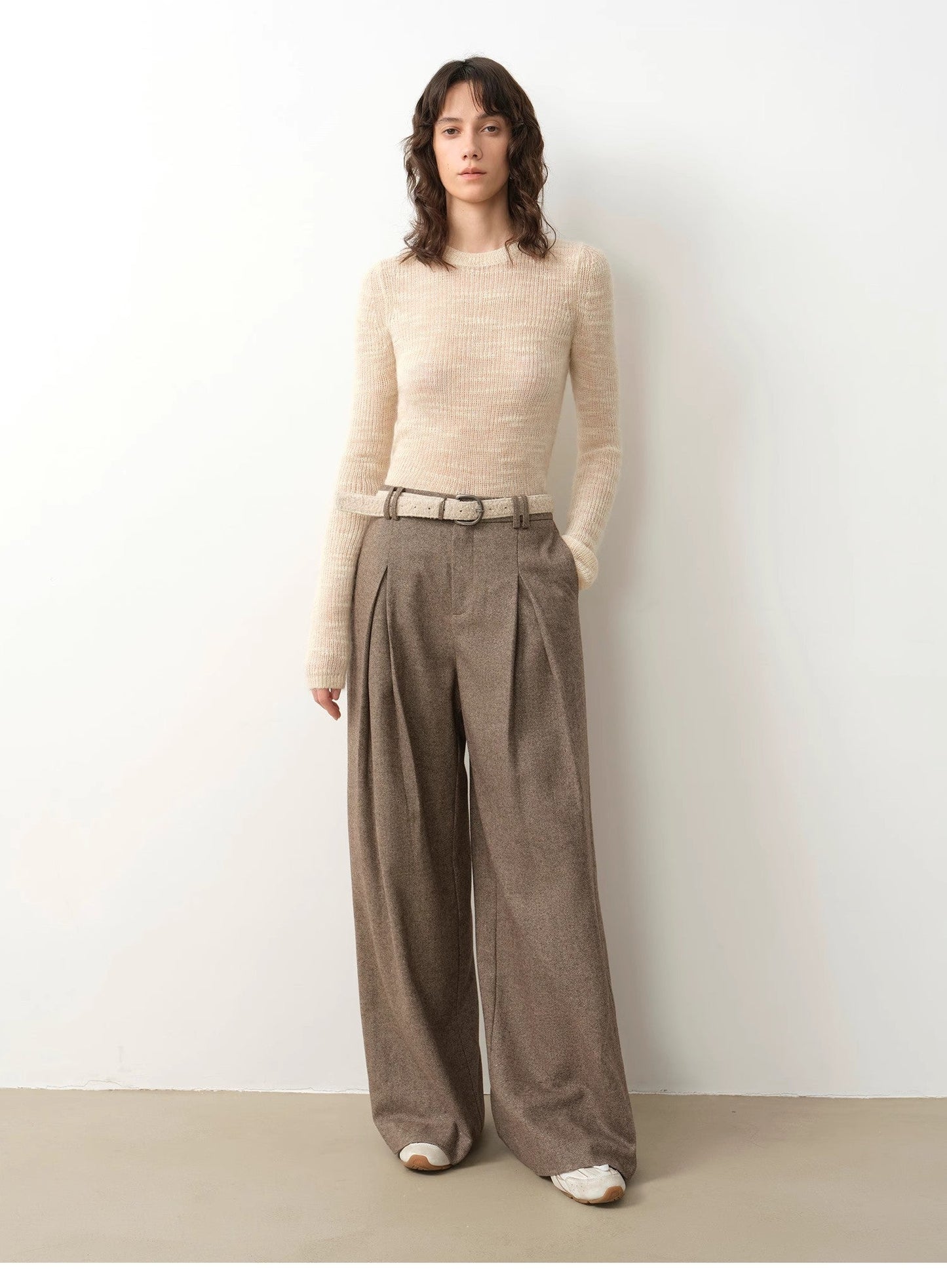 "City Stroll" Wool-Blend Double-Pleated Draped Wide-Leg Trouser