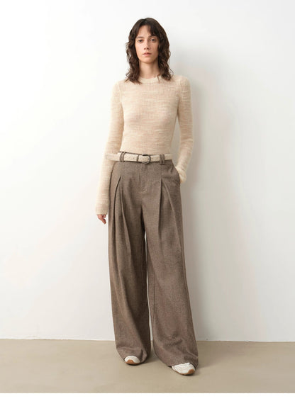 "City Stroll" Wool-Blend Double-Pleated Draped Wide-Leg Trouser