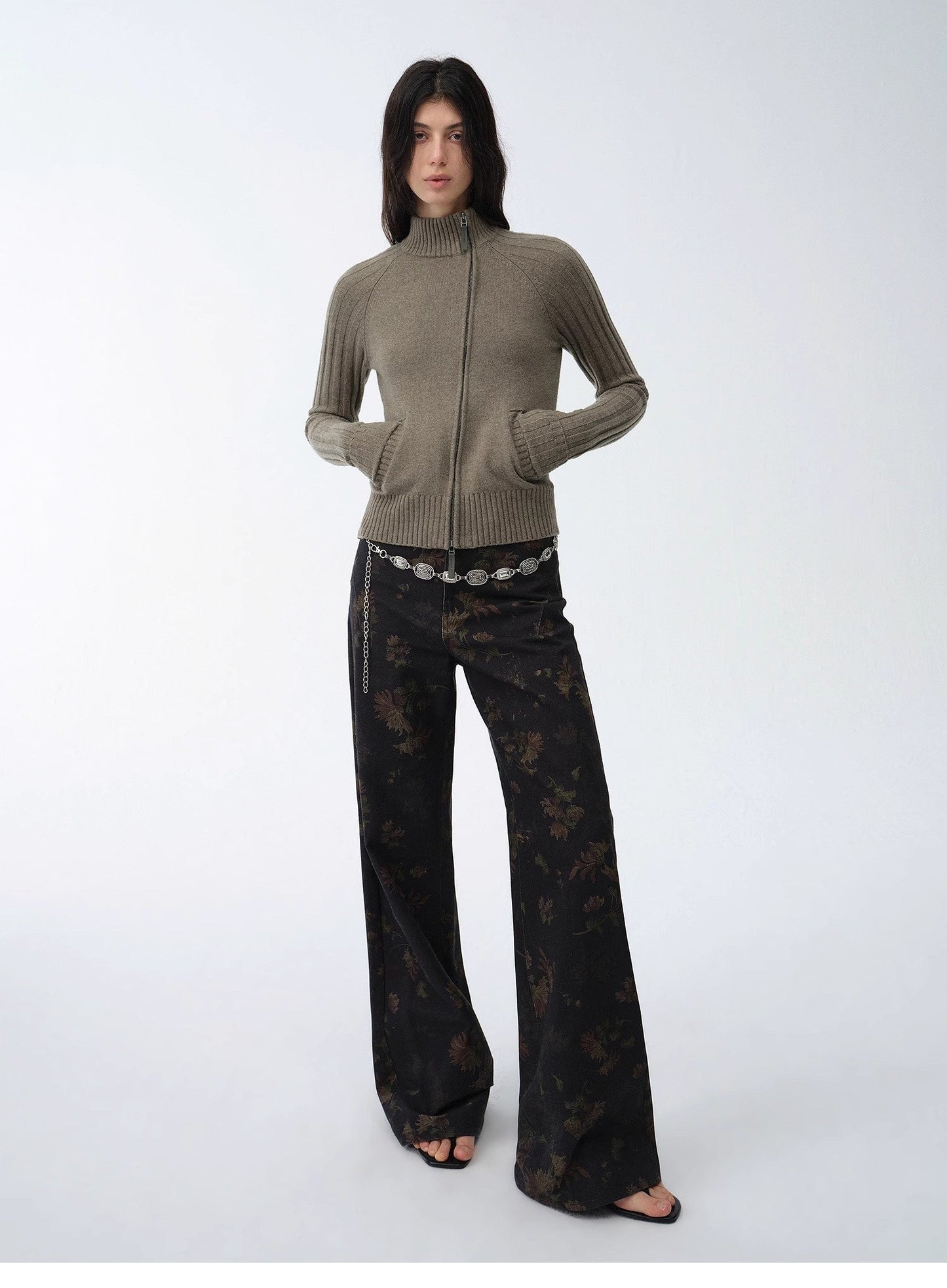 "Senna Melody" Fine Merino Wool and Cotton Blend Zipper Knitted Cardigan
