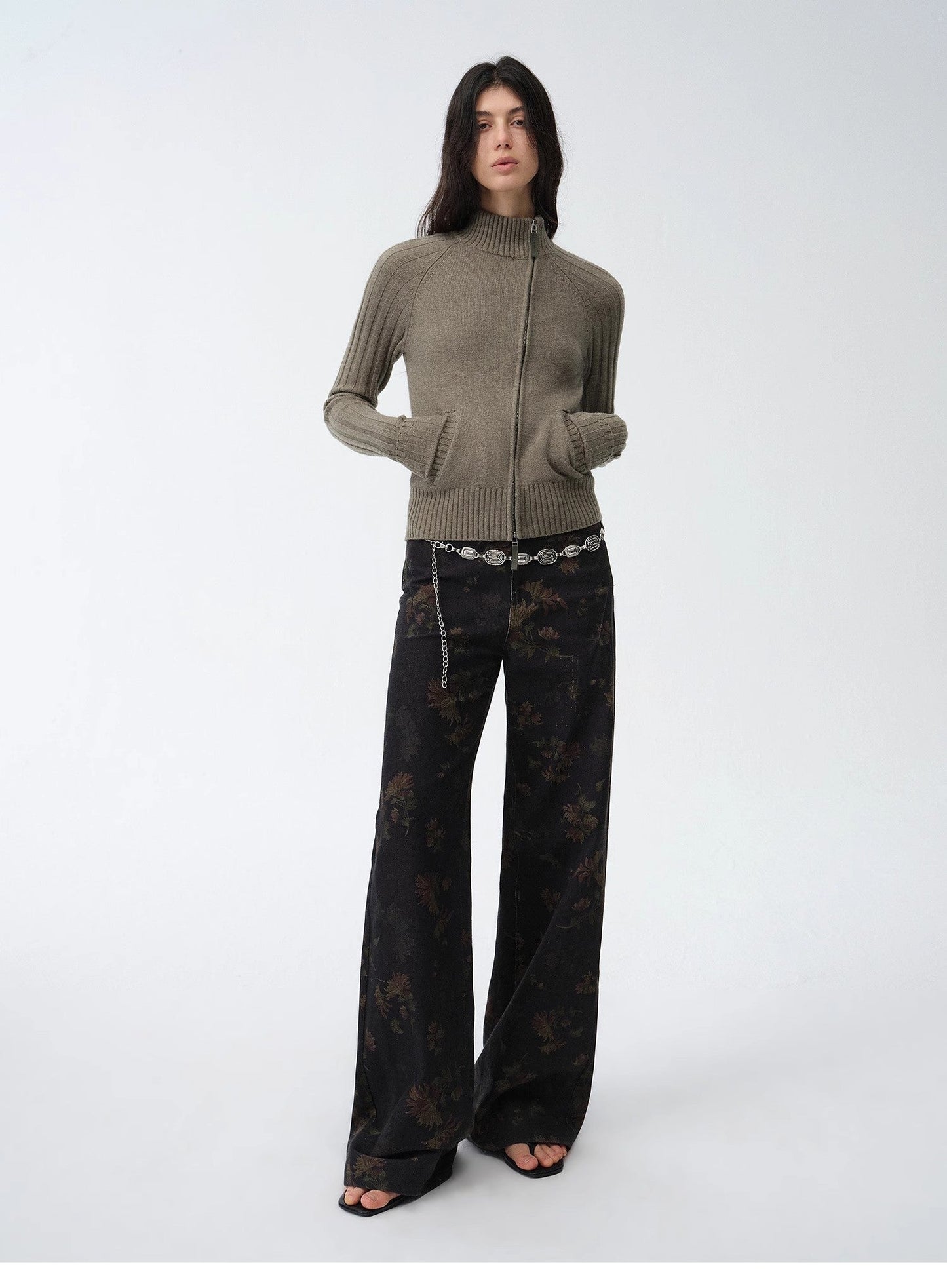 "Senna Melody" Fine Merino Wool and Cotton Blend Zipper Knitted Cardigan