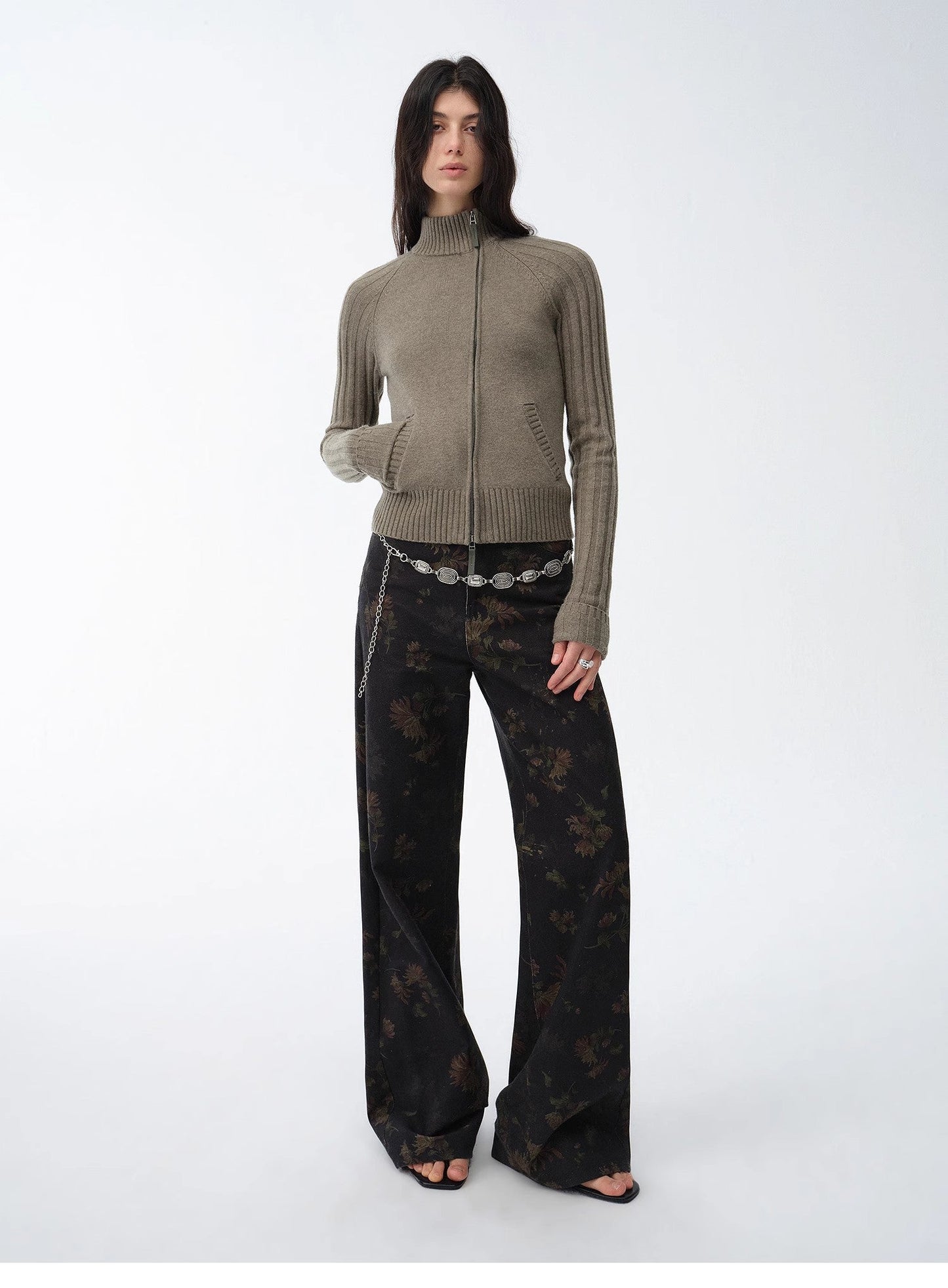 "Senna Melody" Fine Merino Wool and Cotton Blend Zipper Knitted Cardigan
