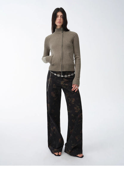 "Senna Melody" Fine Merino Wool and Cotton Blend Zipper Knitted Cardigan