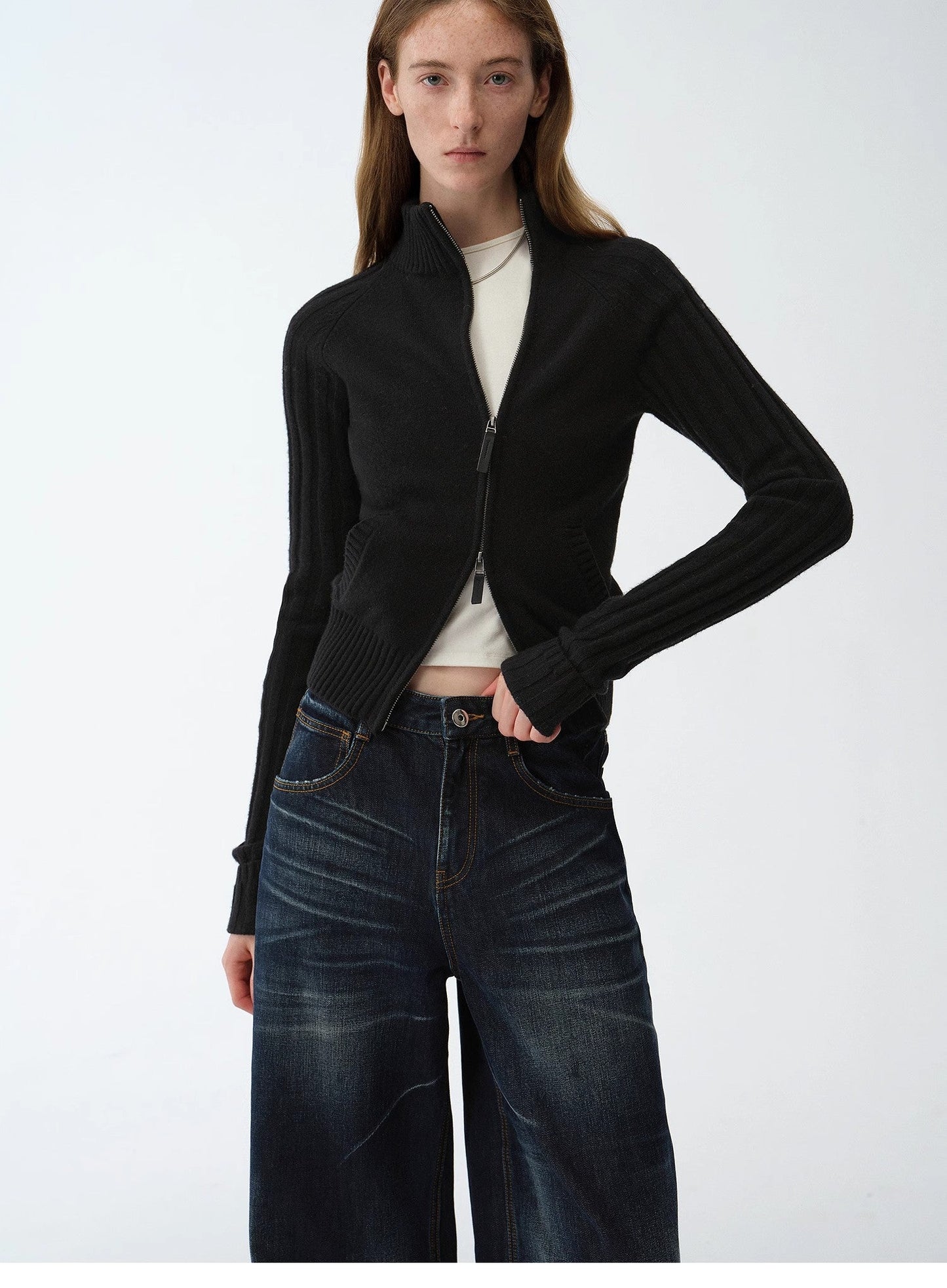 "Senna Melody" Fine Merino Wool and Cotton Blend Zipper Knitted Cardigan