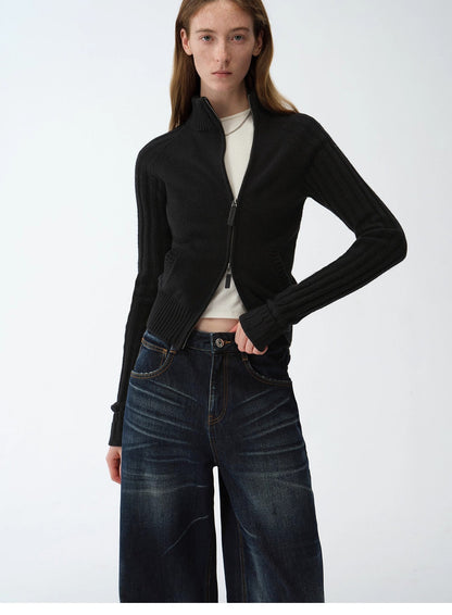 "Senna Melody" Fine Merino Wool and Cotton Blend Zipper Knitted Cardigan