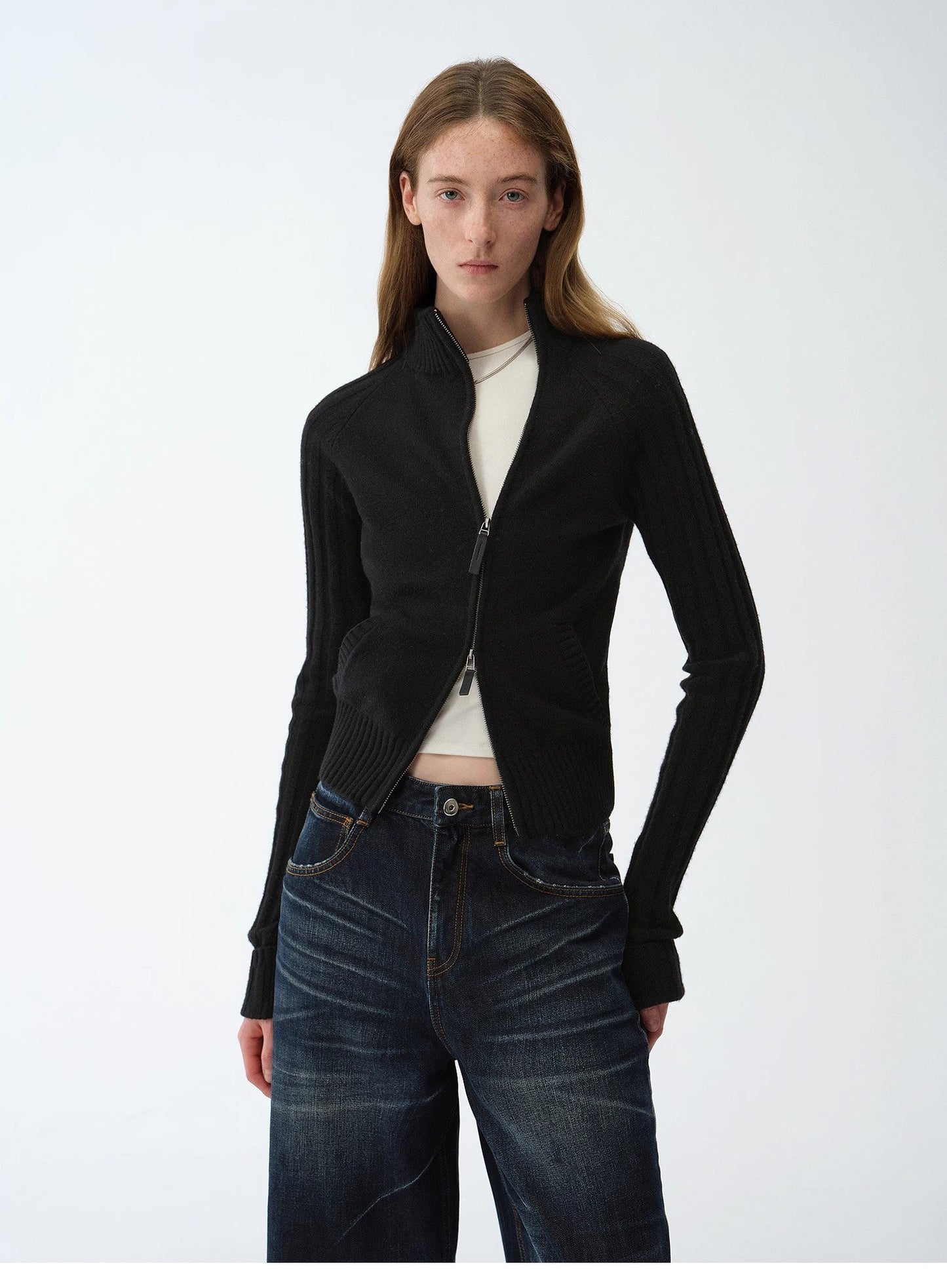 "Senna Melody" Fine Merino Wool and Cotton Blend Zipper Knitted Cardigan