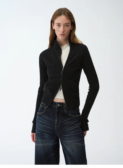 "Senna Melody" Fine Merino Wool and Cotton Blend Zipper Knitted Cardigan