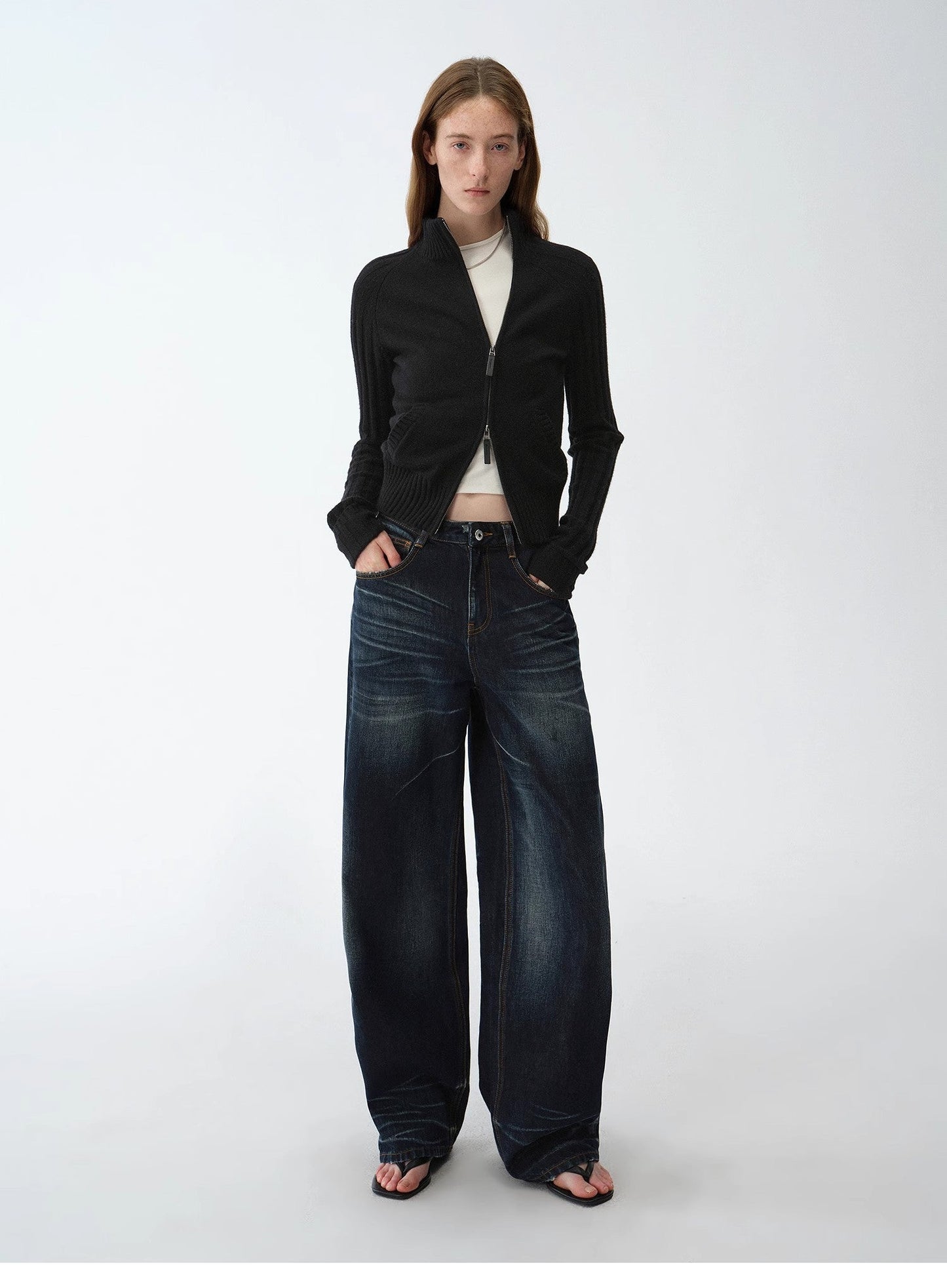"Senna Melody" Fine Merino Wool and Cotton Blend Zipper Knitted Cardigan