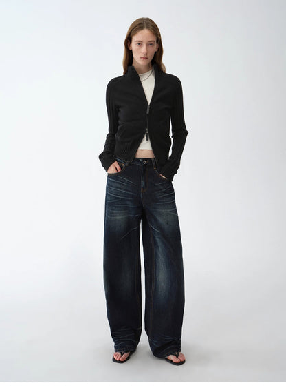 "Senna Melody" Fine Merino Wool and Cotton Blend Zipper Knitted Cardigan