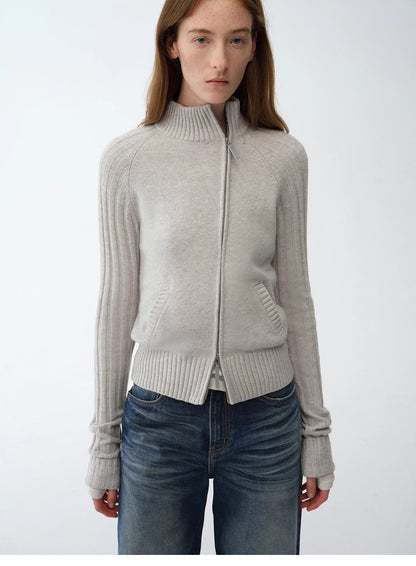 "Senna Melody" Fine Merino Wool and Cotton Blend Zipper Knitted Cardigan