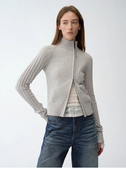 "Senna Melody" Fine Merino Wool and Cotton Blend Zipper Knitted Cardigan