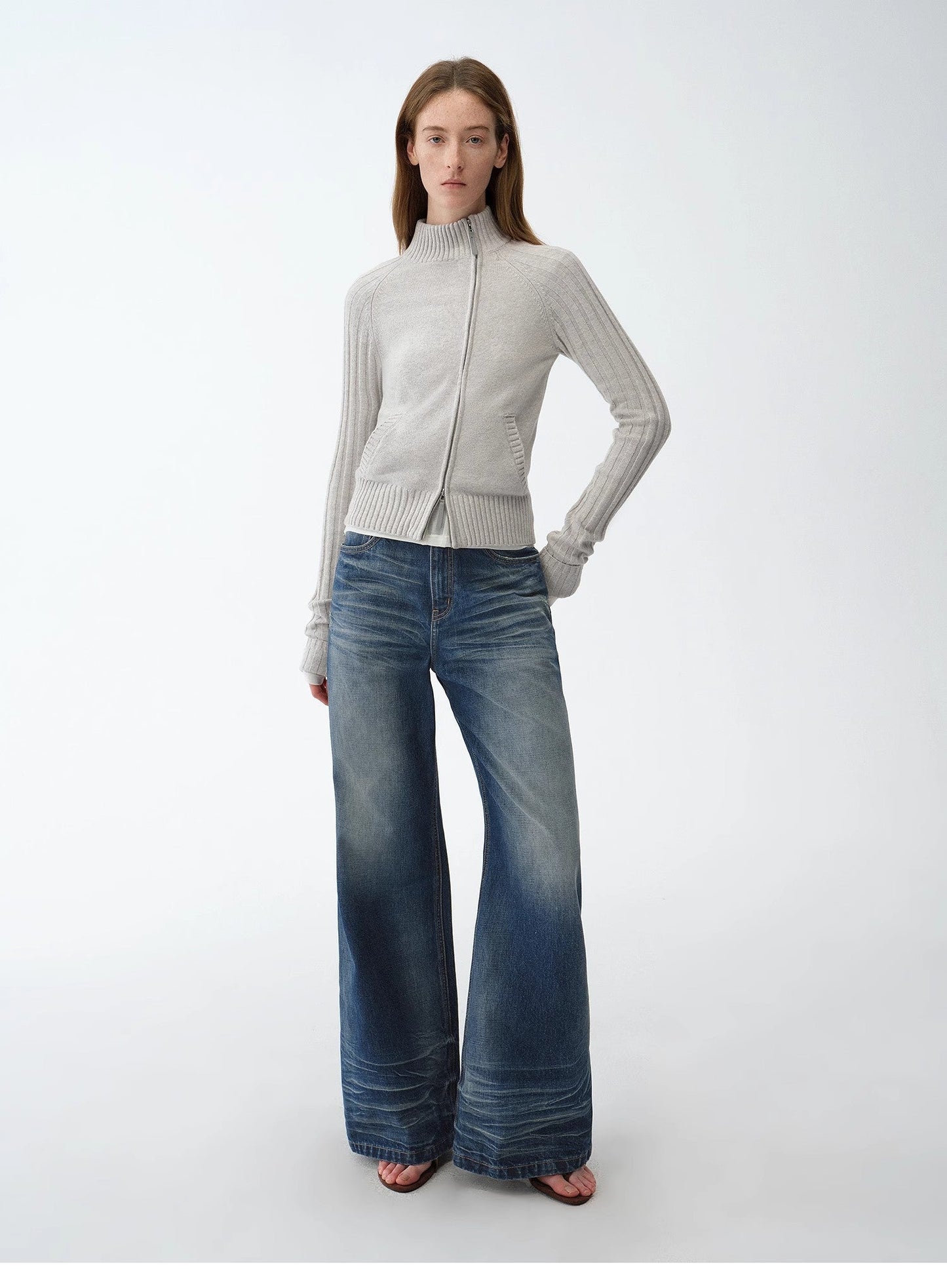 "Senna Melody" Fine Merino Wool and Cotton Blend Zipper Knitted Cardigan