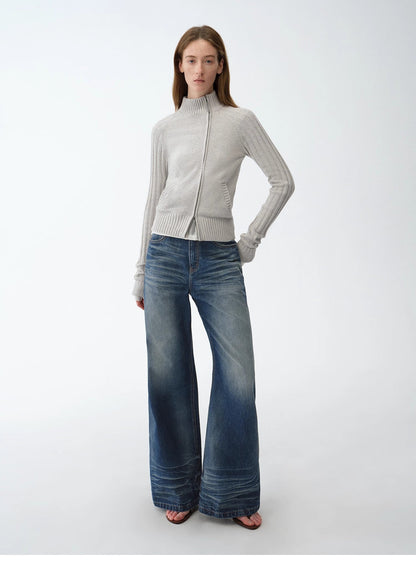 "Senna Melody" Fine Merino Wool and Cotton Blend Zipper Knitted Cardigan