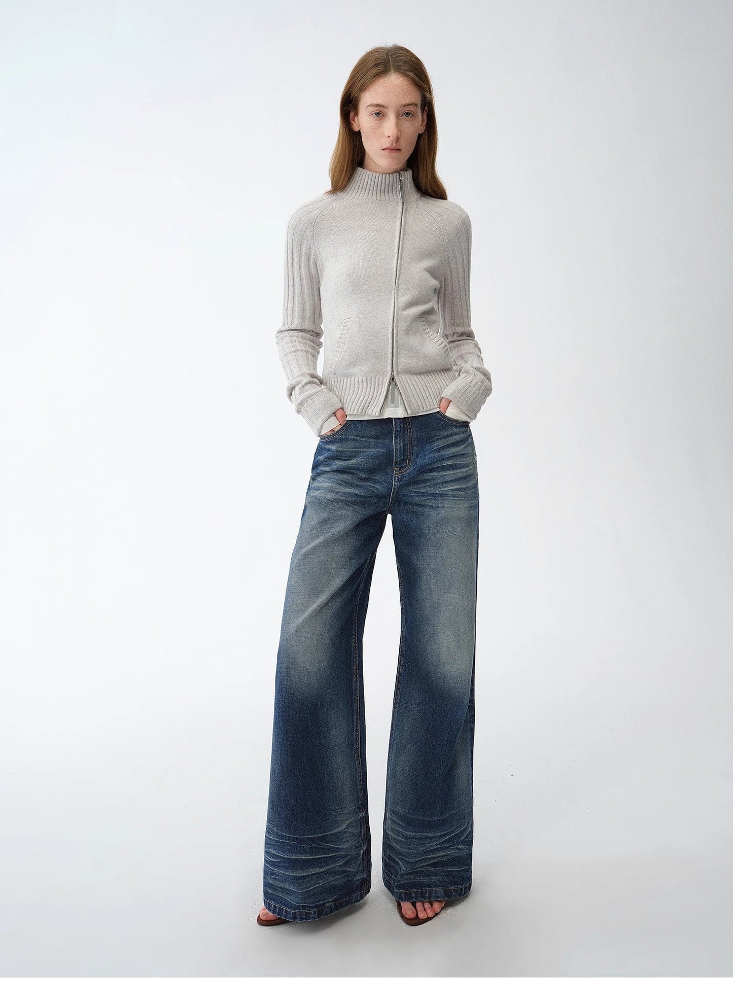 "Senna Melody" Fine Merino Wool and Cotton Blend Zipper Knitted Cardigan