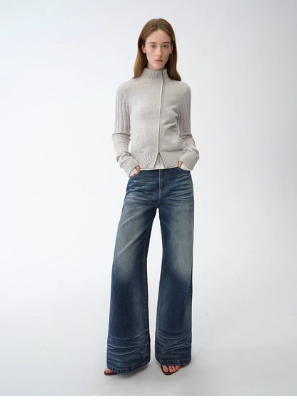 "Senna Melody" Fine Merino Wool and Cotton Blend Zipper Knitted Cardigan