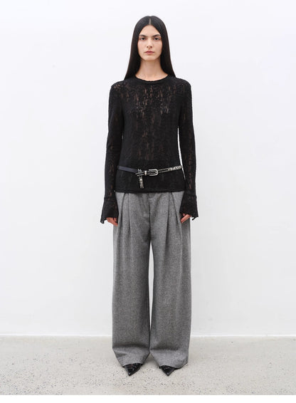 "City Stroll" Wool-Blend Double-Pleated Draped Wide-Leg Trouser