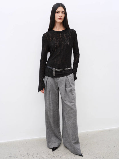 "City Stroll" Wool-Blend Double-Pleated Draped Wide-Leg Trouser