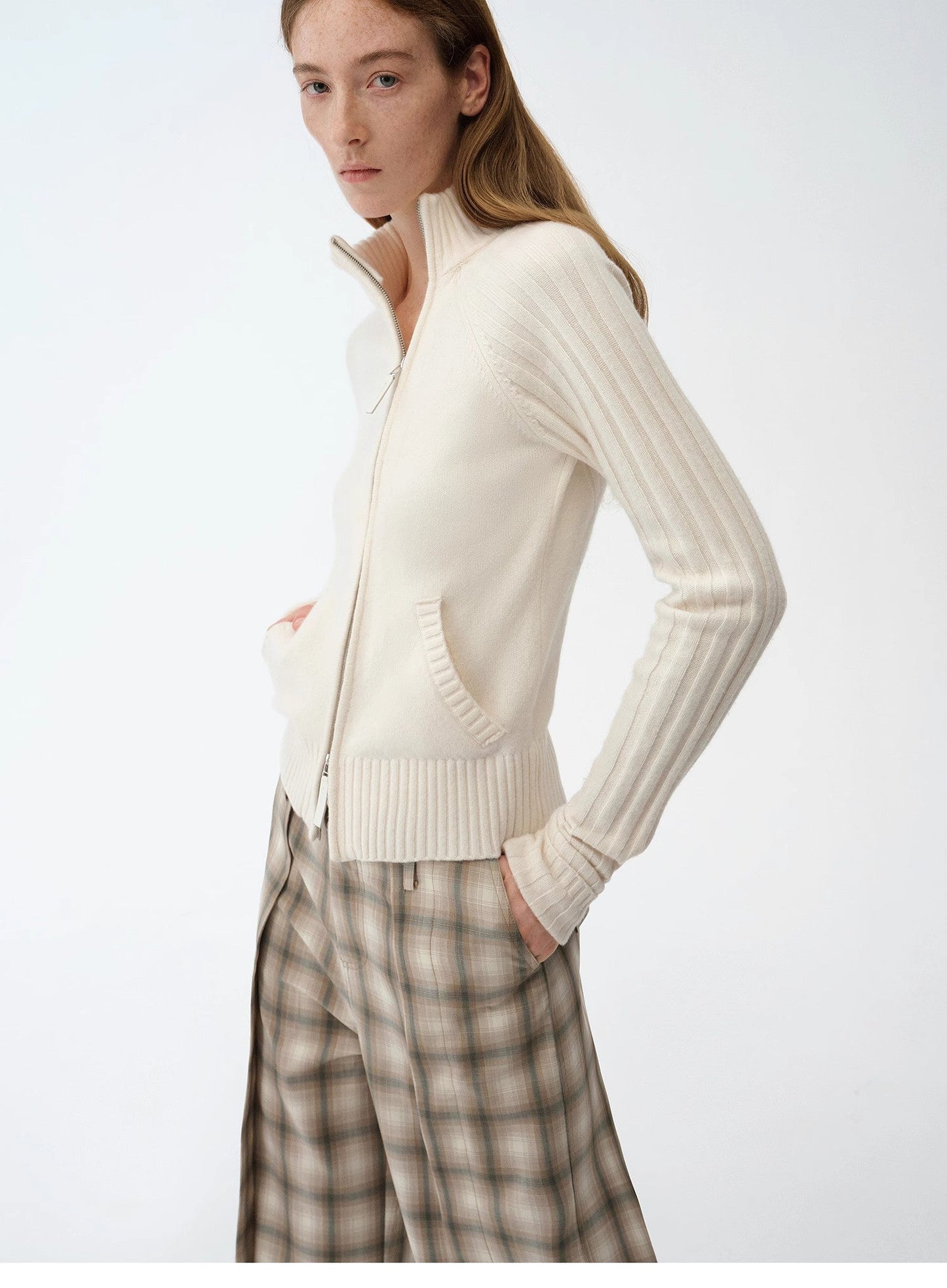 "Senna Melody" Fine Merino Wool and Cotton Blend Zipper Knitted Cardigan