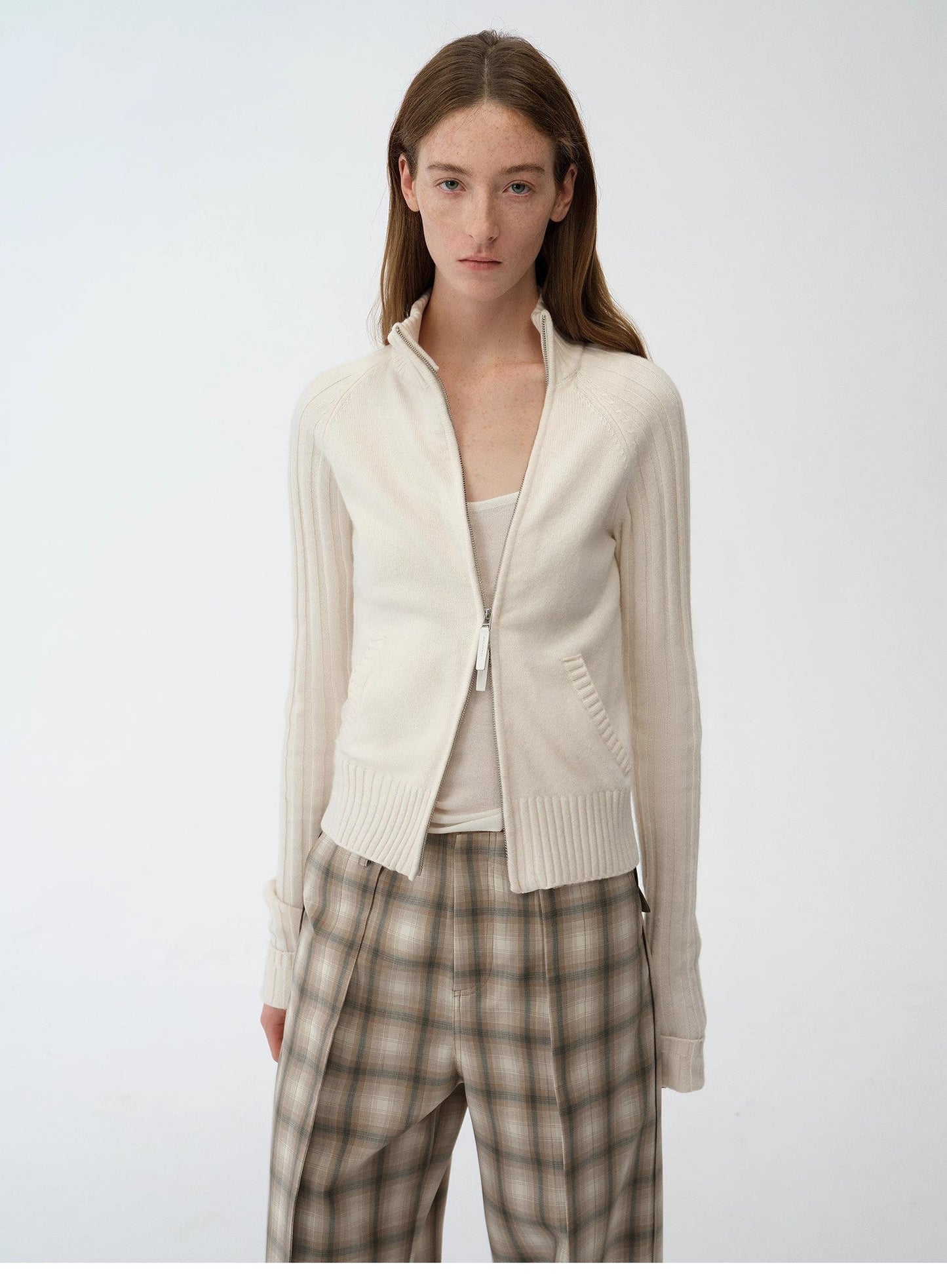 "Senna Melody" Fine Merino Wool and Cotton Blend Zipper Knitted Cardigan