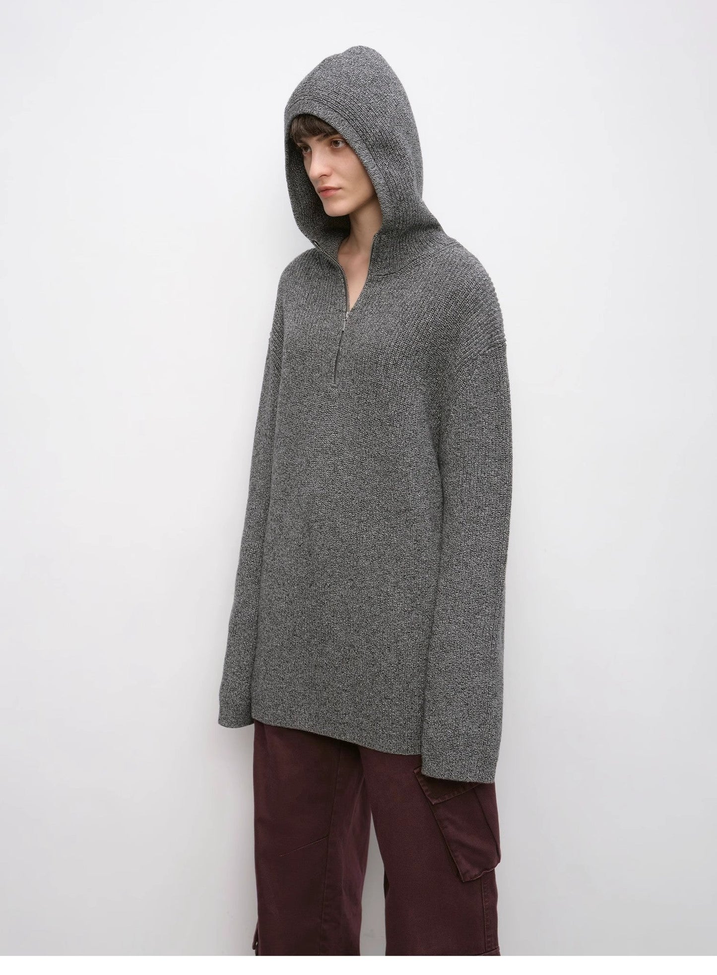 Wool Zipper Hoodie Oversized Sweater Boyfriend Fit