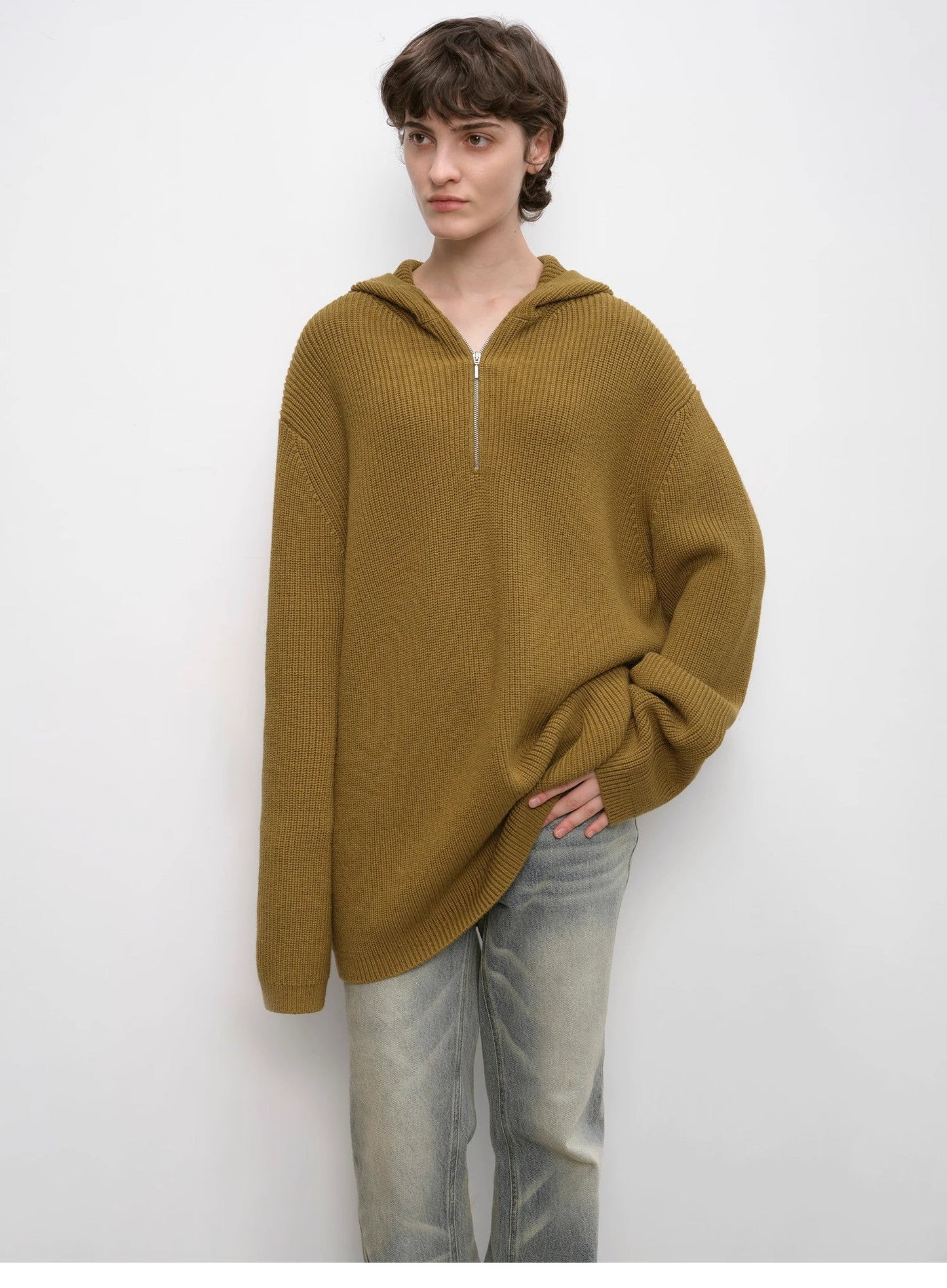 Wool Zipper Hoodie Oversized Sweater Boyfriend Fit