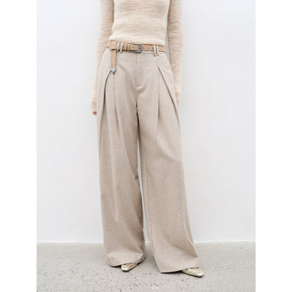 "City Stroll" Wool-Blend Double-Pleated Draped Wide-Leg Trouser