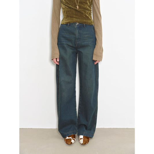 "Blue Island" Mid-Rise Curved Cotton Washed Jeans