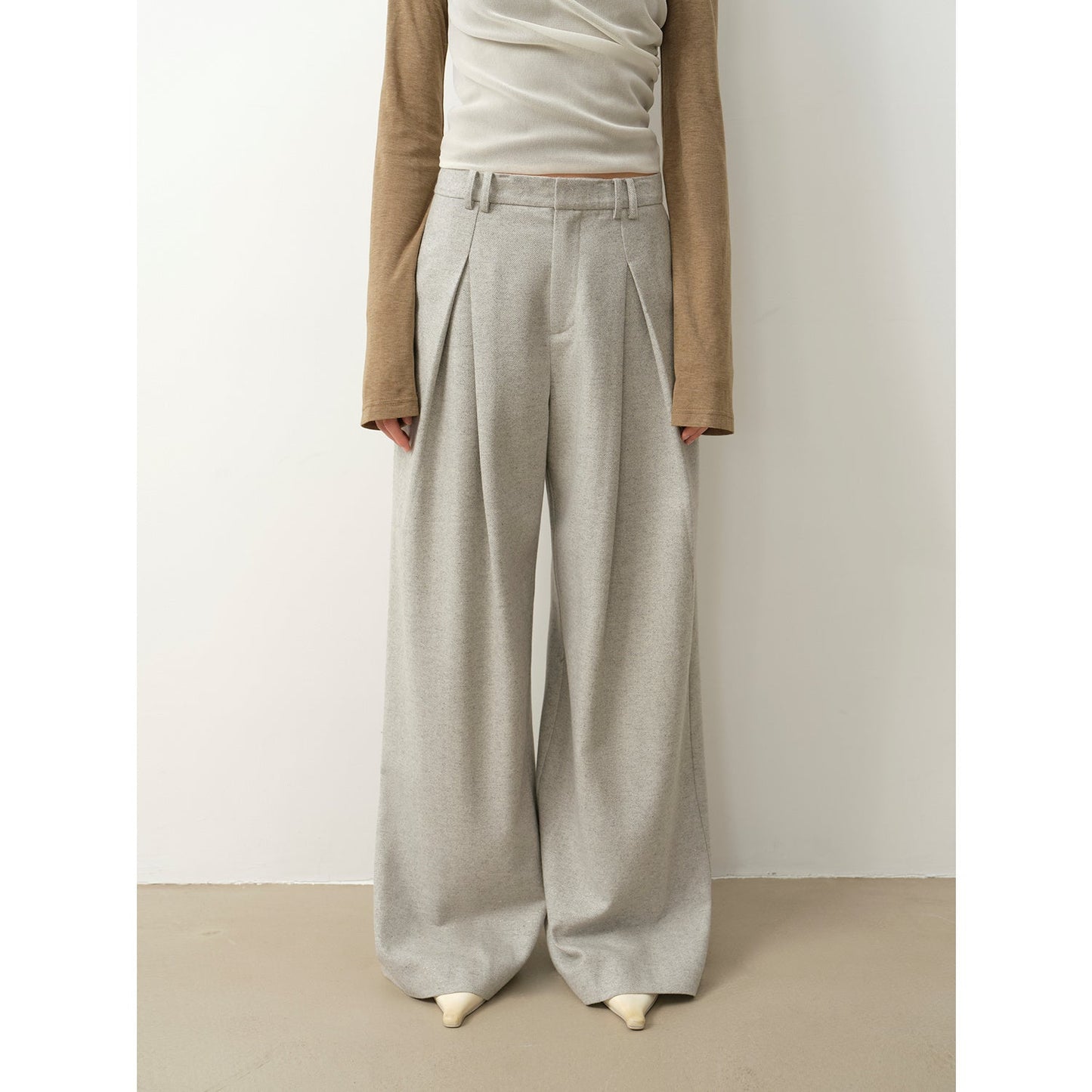 "City Stroll" Wool-Blend Double-Pleated Draped Wide-Leg Trouser
