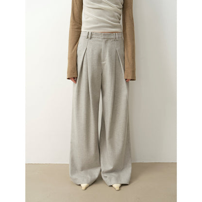 "City Stroll" Wool-Blend Double-Pleated Draped Wide-Leg Trouser